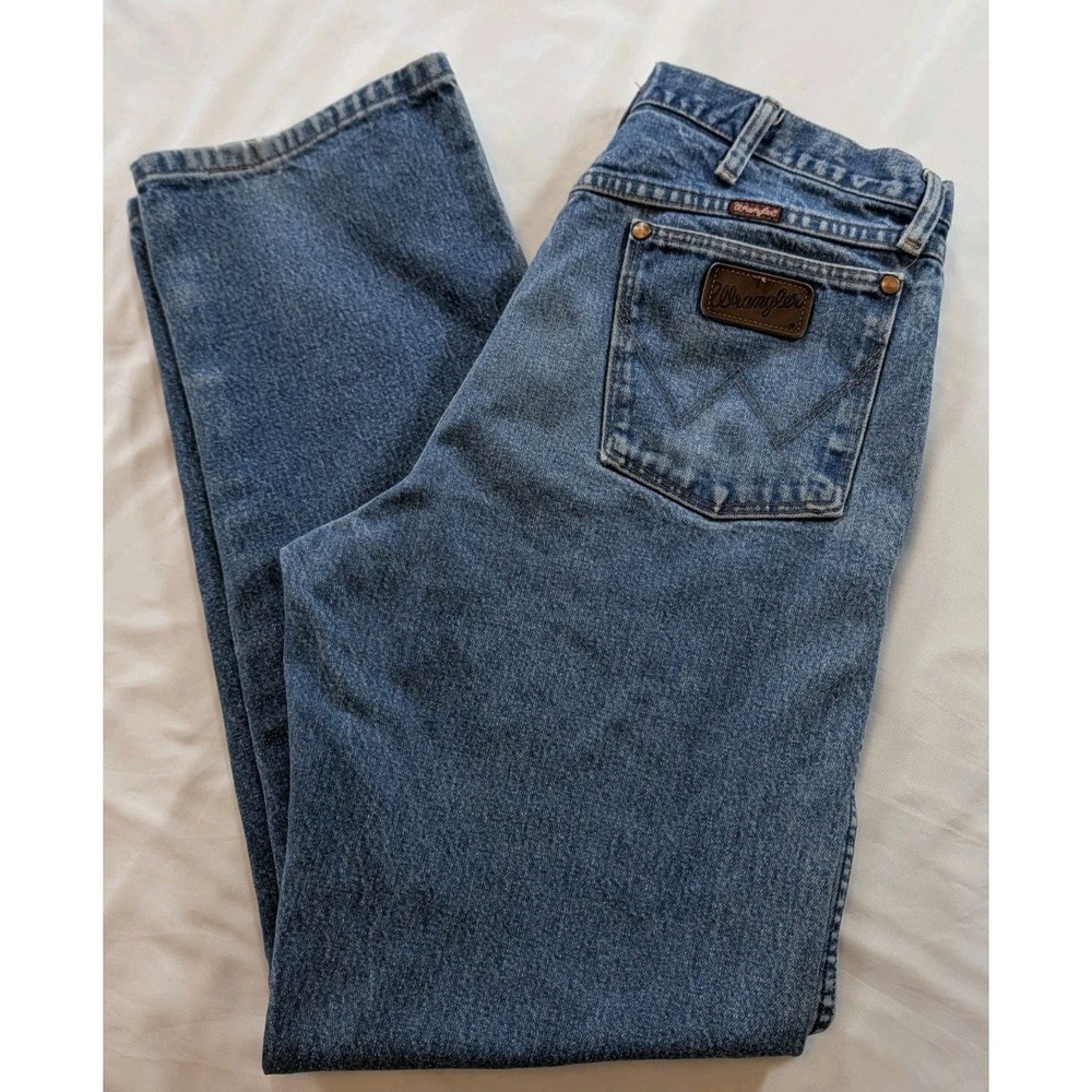 Wrangler Blue Jeans Relaxed Boot Cut Denim Mens 35x34 (34x32.5) Distressed